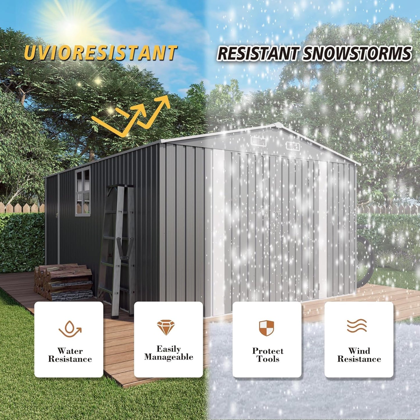 10x14x6.7FT Outdoor Storage Shed, Galvanized Steel Garden Shed with Lockable Door & Window, Waterproof Metal Tool Storage for Garden, Backyard, Patio, Lawn(Grey)