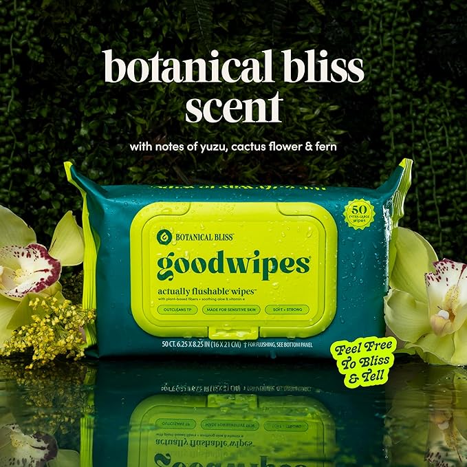 goodwipes Flushable Butt Wipes - Extra Large Adult Wet Wipes For Women & Men - Bathroom Essentials - Sewer & Septic Safe - Shea Coco & Botanical Bliss, 300 Count (6 Packs)