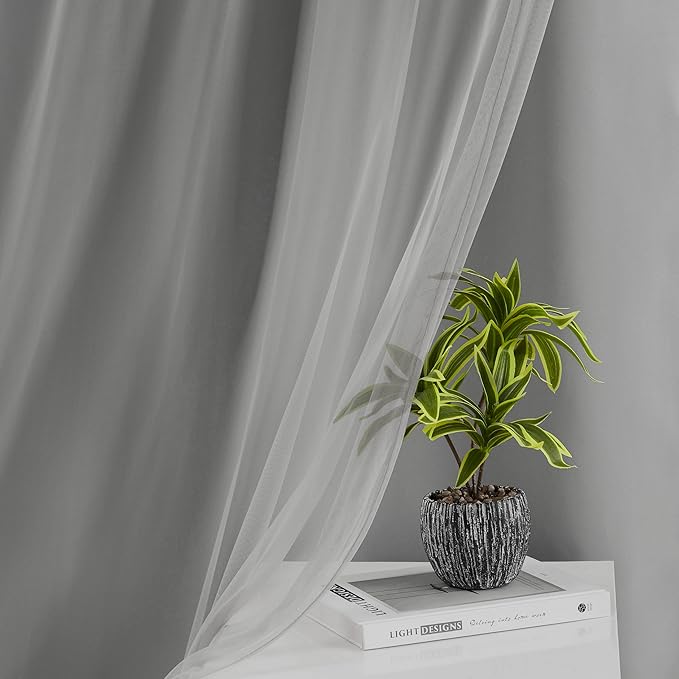Bujasso Grey 90% Blackout Curtains with Sheer Overlay Mix and Match Double Layer Window Curtains Thermal Insulated 95 inch for Living Room Bedroom Gray Drapes with Tiebacks Grommet Top 37" Wx95 Lx2