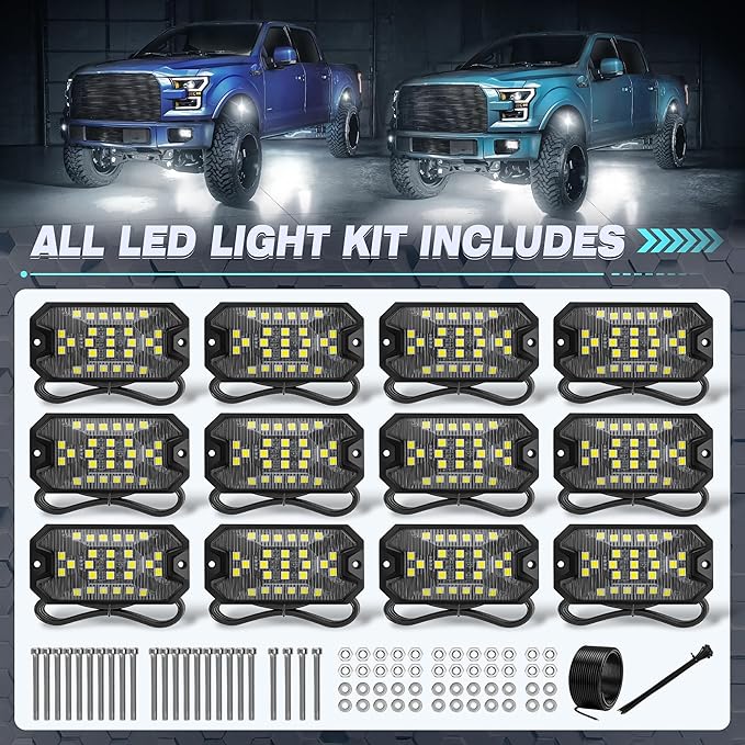 12 Pods Pure White Rock Lights, 6000K Pure White 27 LEDs Super Bright LED Underglow Neon Light, 10m Extension Wire, IP68 Waterproof for Trucks Pickup SUV UTV ATV RZR Car Boats