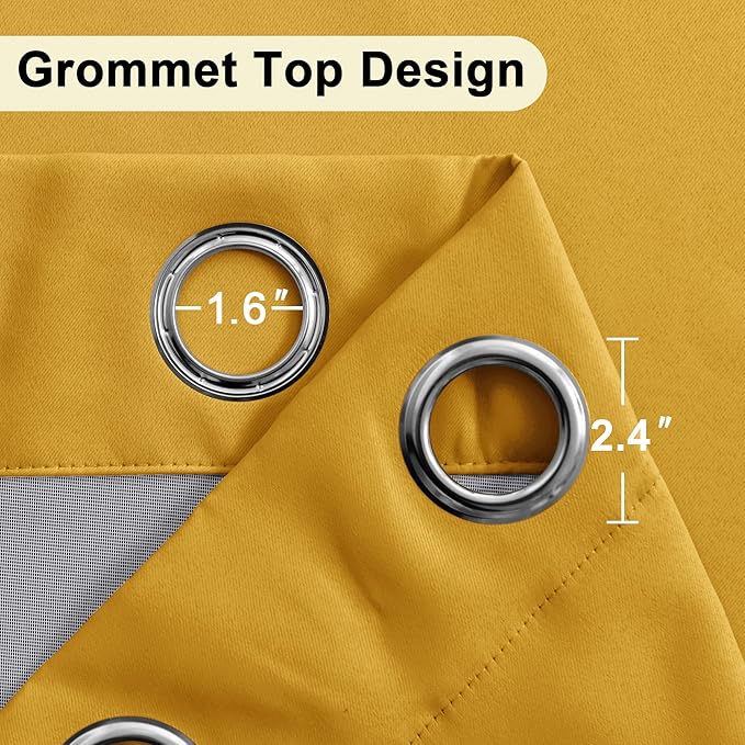 XWZO Extra Wide 100% Blackout Curtains with Tiebacks- Privacy Protection & Noise Blocking Window Draperies Grommet Top with Black Liner for Bedroom/Living Room, Yellow, W60 x L63, Set of 2