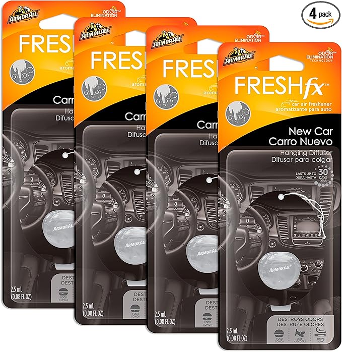 Armor All Car Air Freshener and Purifier - Odor Eliminator for Cars & Truck, Freshfx New Car, 0.08 Fl Oz Diffuser, Pack of 4, 18595-4PK