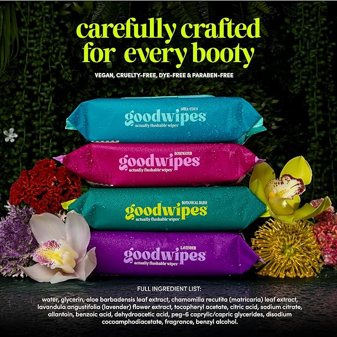 goodwipes Flushable Butt Wipes - Vitamin E & Aloe - Sewer & Septic Safe - Extra Large Adult Wet Wipes For Women & Men - Bathroom Essentials - Shea-Coco, 153 Count (3 Packs + 3 Individually Wrapped)