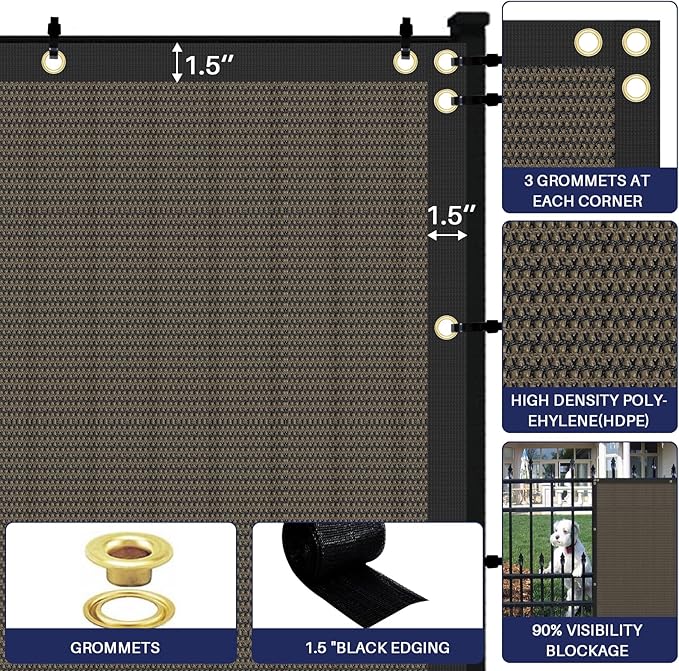 Windscreen4less Privacy Fence Screen Heavy Duty Windscreen Fencing Mesh Fabric Shade Net Cover with Brass Grommtes for Outdoor Wall Garden Yard Pool Deck, 8'x207' Brown