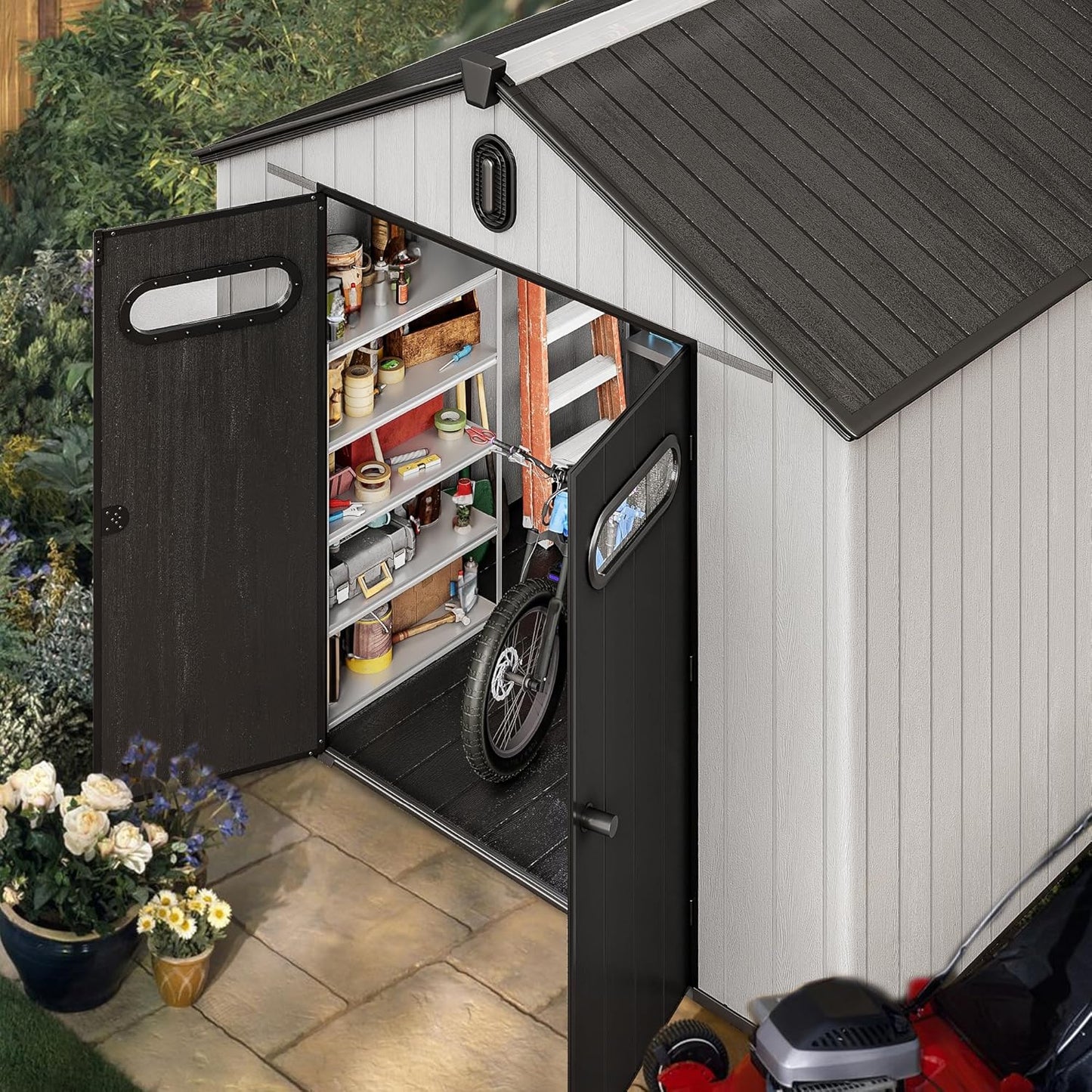 YITAHOME 8x8ft Resin Storage Structure, Outdoor 427 cuft Plastic Garden Storage Unit with Windows, Vents and Lockable Entrance, Waterproof Tool Organizer with Flooring for Lawn Equipment