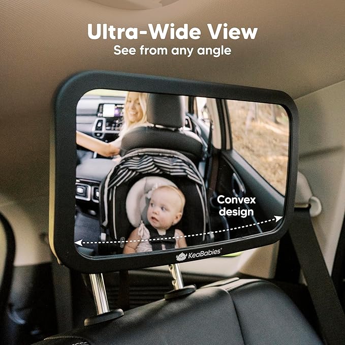 KeaBabies Shatterproof Baby Car Mirror, Backseat - Large Safety Car Seat Mirror for Baby Rear Facing, 360 Crystal Clear View, Accessories for Removable Headrest, Easy Install & Adjust (Sleek Black)