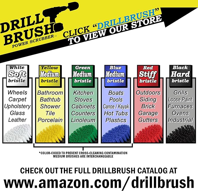 Drill Brush - Cleaning Supplies - Medium and Stiff Bristle Brush Kit - Spin Brush - Grout Cleaner - Tile, Counter-tops, Stove, Oven, Sink, Trash Can, Floors - Concrete Swimming Pools, Garden Fountains
