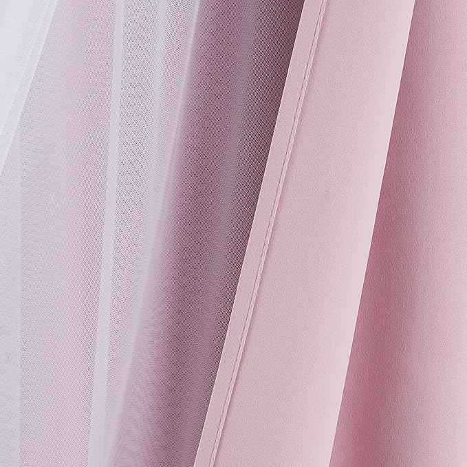 Bujasso Pink Blackout Curtains with Sheer Overlay Mix and Match Double Layer 80% Room Darkening Window Treatment Set for Girls Bedroom Living Room Pink Drapes with Tiebacks Grommet Top 54" Wx95 Lx2