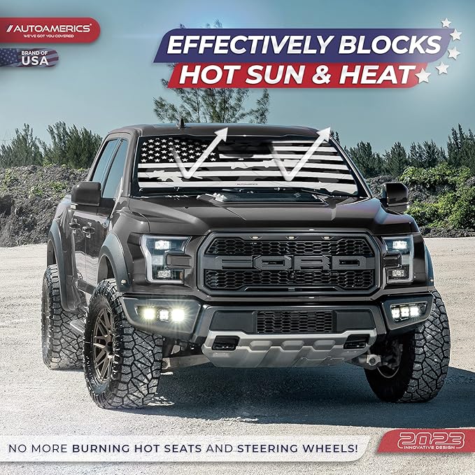 Autoamerics 1-Piece Windshield Sun Shade B&W Camo American Flag USA Design - Foldable Car Front Window Sunshade for Most Sedans SUV Truck - Blocks Max UV Rays and Keeps Your Vehicle Cool - Small