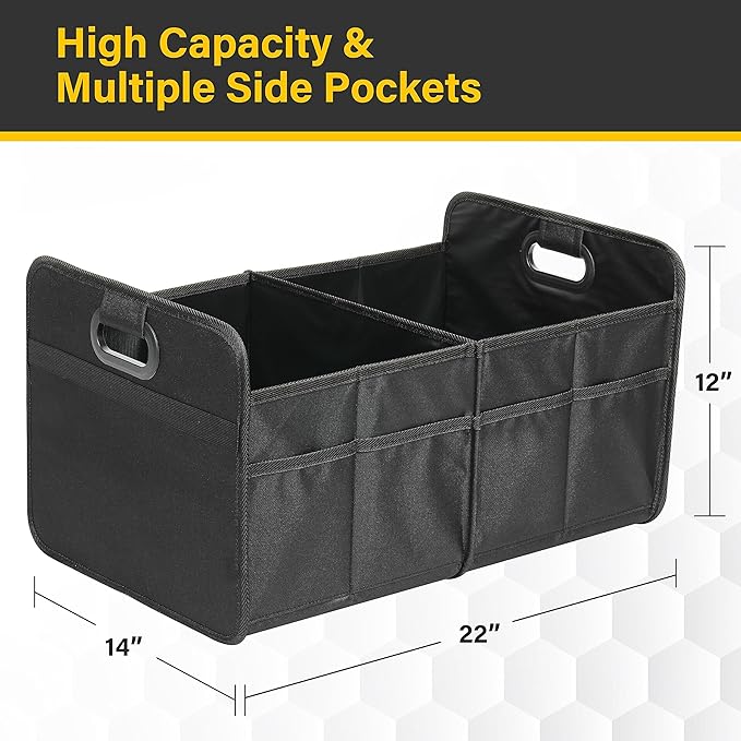 YSSOA Car Trunk Organizer, Collapsible 2 Compartment Non Slip Bottom, Waterproof Car Storage Box, 600D Oxford Polyester Sturdy Accessories for SUV, Mini-Van, 50L, Black