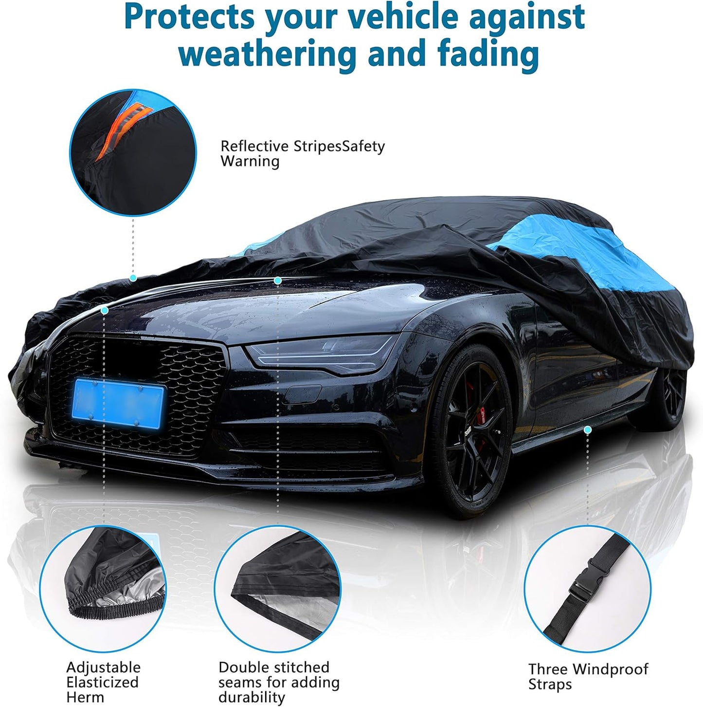 MORNYRAY Waterproof Car Cover All Weather Snowproof UV Protection Windproof Outdoor Full car Cover, Universal Fit for Sedan (Blue, A2-Fit Sedan Length(Up to 177 inch)