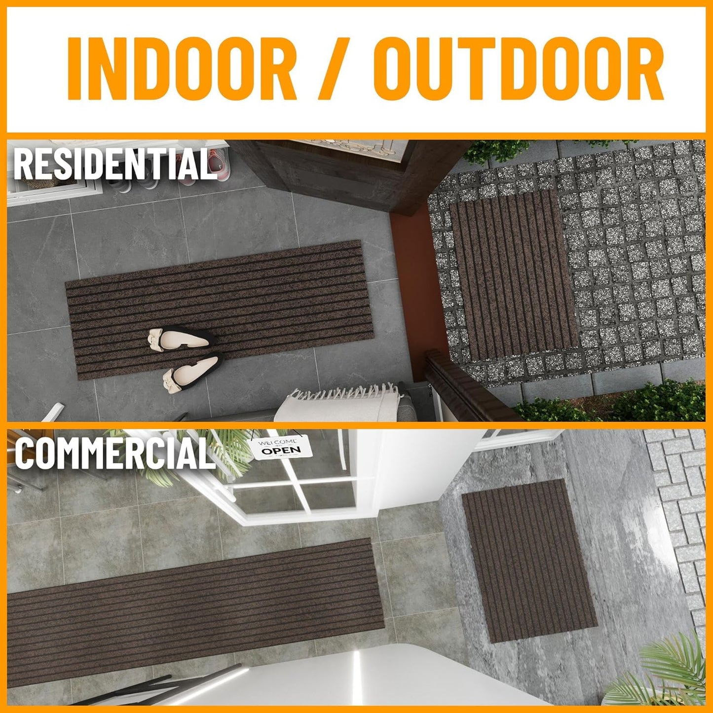 Ottomanson 2'7" x 33' Hallway Runner with Scraper Pile - Extra Durable Non-Slip Rug Mat for Indoor & Outdoor Use - Ideal for Kitchen, Entryway & Garage - High-Traffic Carpet, Brown