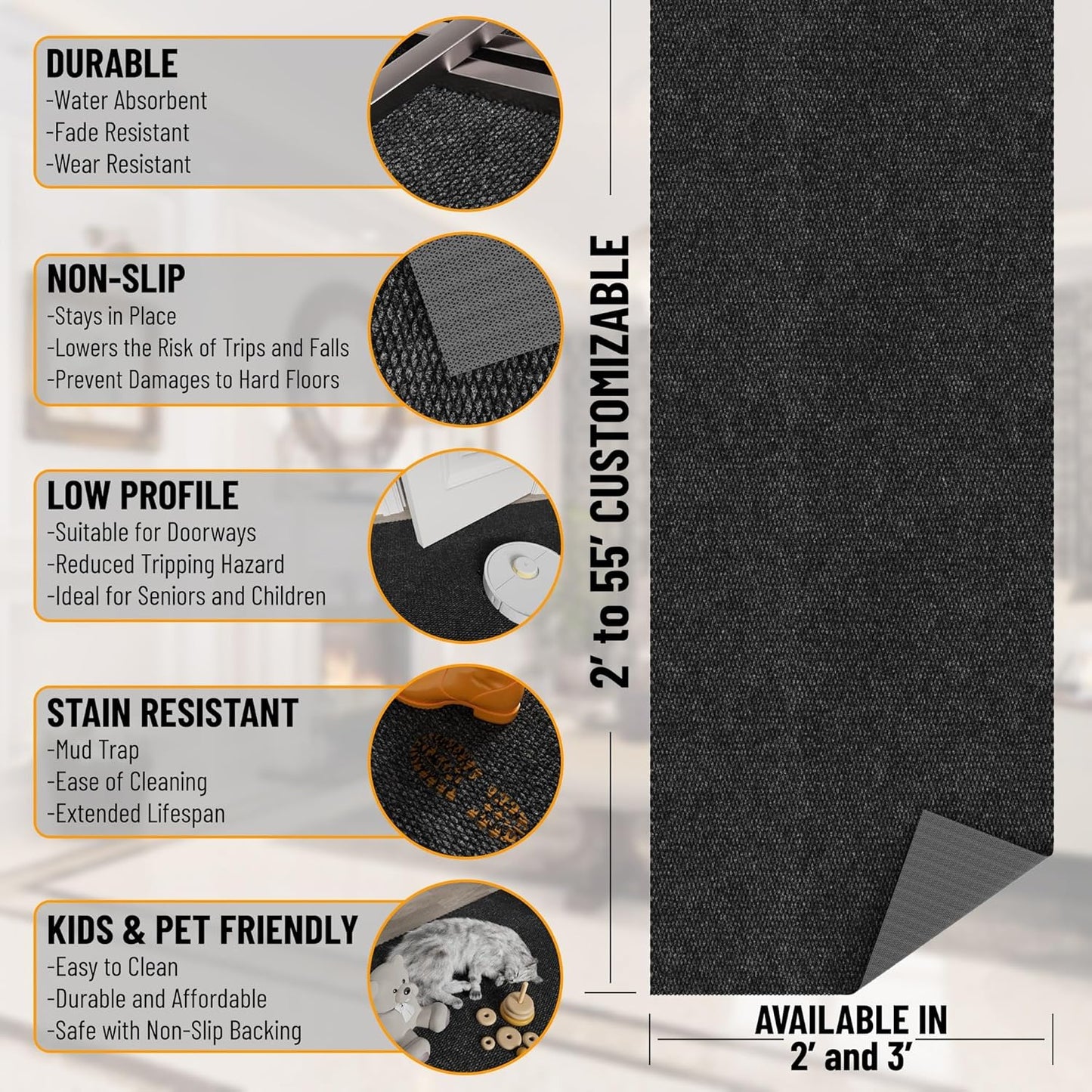 Ottomanson 2' x 18' Hallway Runner with Scraper Pile Extra Durable Non-Slip Rug Mat for Indoor & Outdoor Use - Ideal for Kitchen, Entryway, Patio & Garage - High-Traffic Carpet, Black