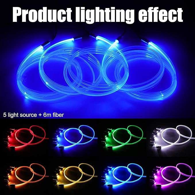 Car Atmosphere Light Kit 6m Fiber Optic RGB Multicolor Sound Active Music Sync Memory Function RF Remote Controller + Bluetooth APP Control 64 Colors USB Car Interior Ambient Lighting Kit 12V
