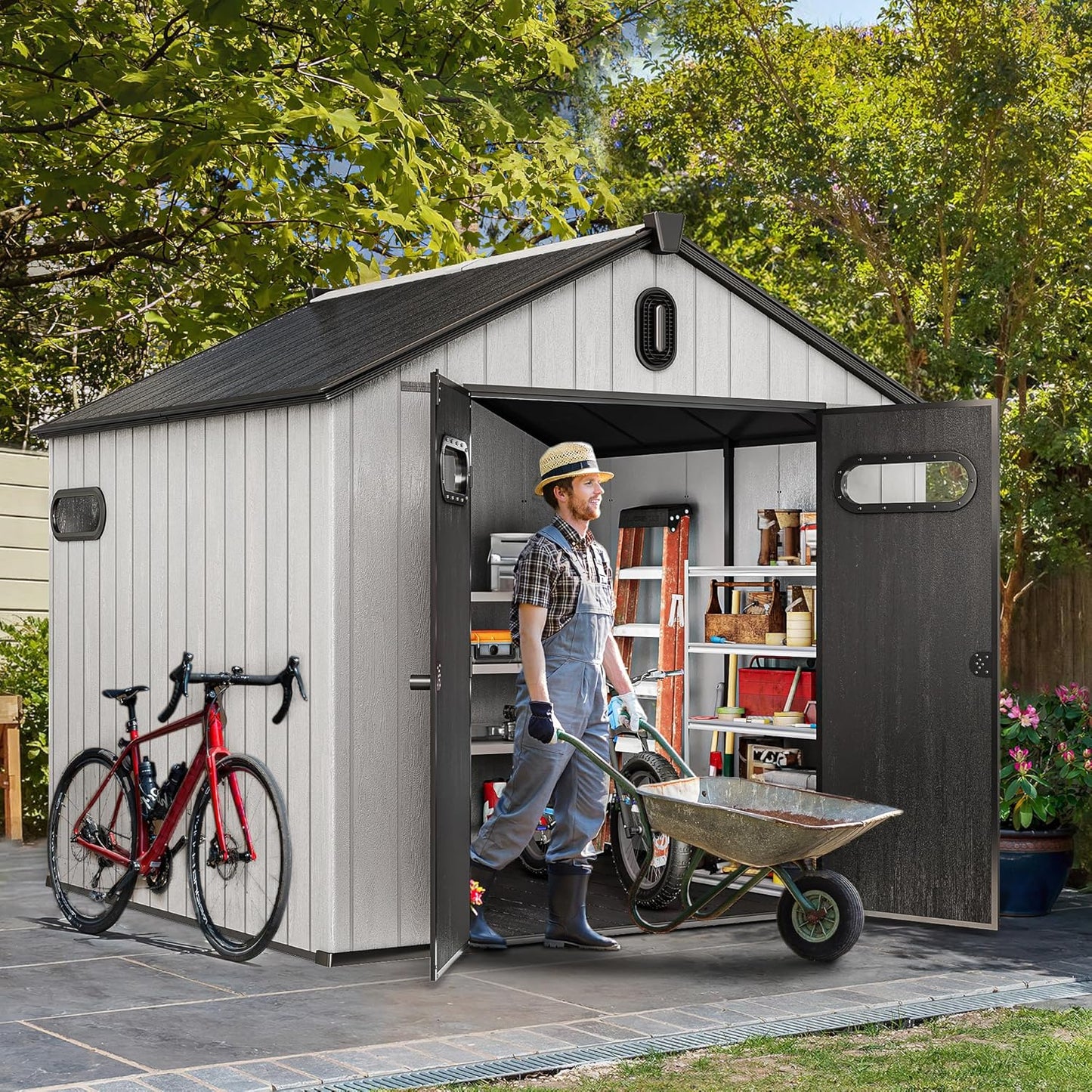 YITAHOME 8x8ft Resin Storage Structure, Outdoor 427 cuft Plastic Garden Storage Unit with Windows, Vents and Lockable Entrance, Waterproof Tool Organizer with Flooring for Lawn Equipment
