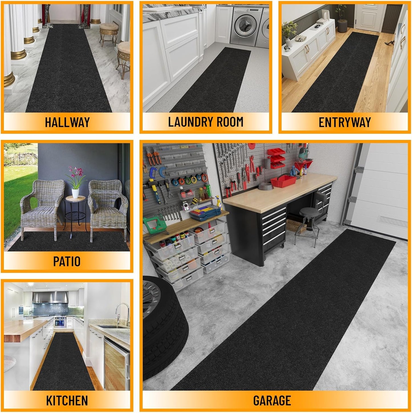 Ottomanson 2' x 23' Hallway Runner with Scraper Pile Extra Durable Non-Slip Rug Mat for Indoor & Outdoor Use - Ideal for Kitchen, Entryway, Patio & Garage - High-Traffic Carpet, Black