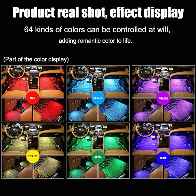Car Footwell Interior Atmosphere Lights, Multicolor RGB Car Ambient Lighting Kit, DIY Mode Sound Active Music Sync, RF Remote Control + APP Control DC 12V
