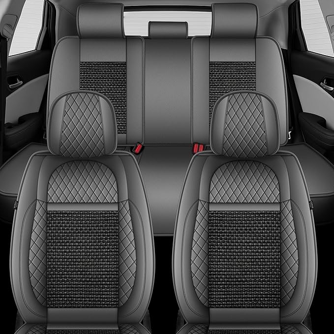 TTX LIGHTING for Chevy Malibu 2009-2026 Car Seat Covers, Breathable Ice Silk & Leather Seat Protector, Cool & Anti-Sweat for Long Driving, Airbag Compatible, 5 Seats Full Set (Black&Gray)