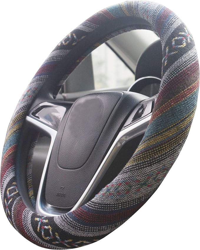 Large Ethnic Style Coarse Flax Cloth Automotive Steering Wheel Cover Anti Slip and Sweat Absorption Auto Car Wrap Cover (15.25''-16'', E)