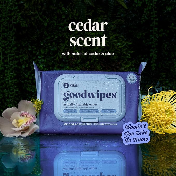 goodwipes Flushable Butt Wipes - Vitamin E & Aloe - Sewer & Septic Safe - Extra Large Adult Wet Wipes For Women & Men - Bathroom Essentials - Cedar, 418 Count (8 Packs + 1 Travel)