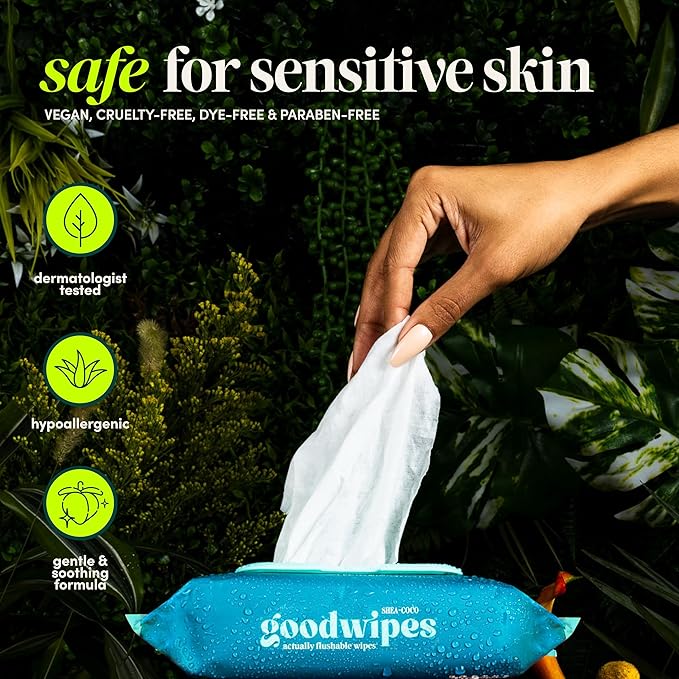 goodwipes Flushable Butt Wipes - Vitamin E & Aloe - Sewer & Septic Safe - Extra Large Adult Wet Wipes For Women & Men - Bathroom Essentials - Shea-Coco, 318 Count (6 Packs + 1 Travel)