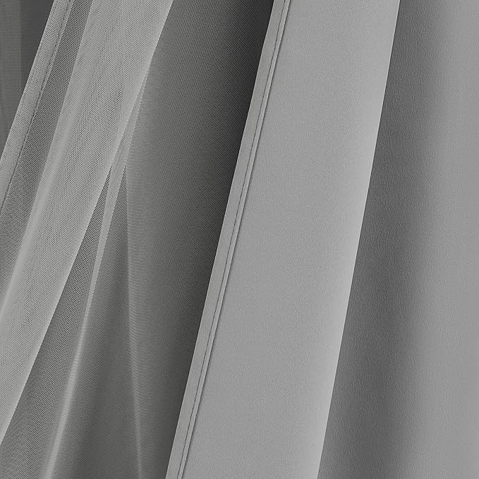 Bujasso Grey 90% Blackout Curtains with Sheer Overlay Mix and Match Double Layer Window Curtains Thermal Insulated 84 inch for Living Room Bedroom Gray Drapes with Tiebacks Grommet Top 54" Wx84 Lx2