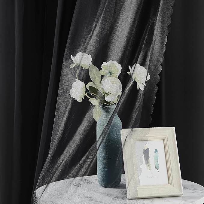 Bujasso Black Blackout Curtain Panels with Sheer Overlay Mix and Match Double Layer Thermal Insulated Window Treatment Set for Bedroom Living Room Black Drapes with Tiebacks Grommet Top 37" Wx63 Lx2
