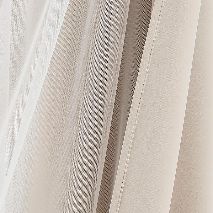 Bujasso Beige 80% Blackout Curtains with Sheer Overlay Mix and Match Double Layer Thermal Insulated Window Panels 63 inch for Living Room Bedroom Beige Drapes with Tiebacks Grommet Top 54" Wx63 Lx2